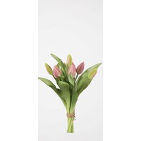 Bosje real touch Tulpen pink met groen blad 32 cm