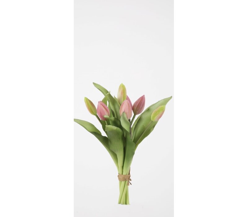 Bosje real touch tulpen pink met groen blad 32cm