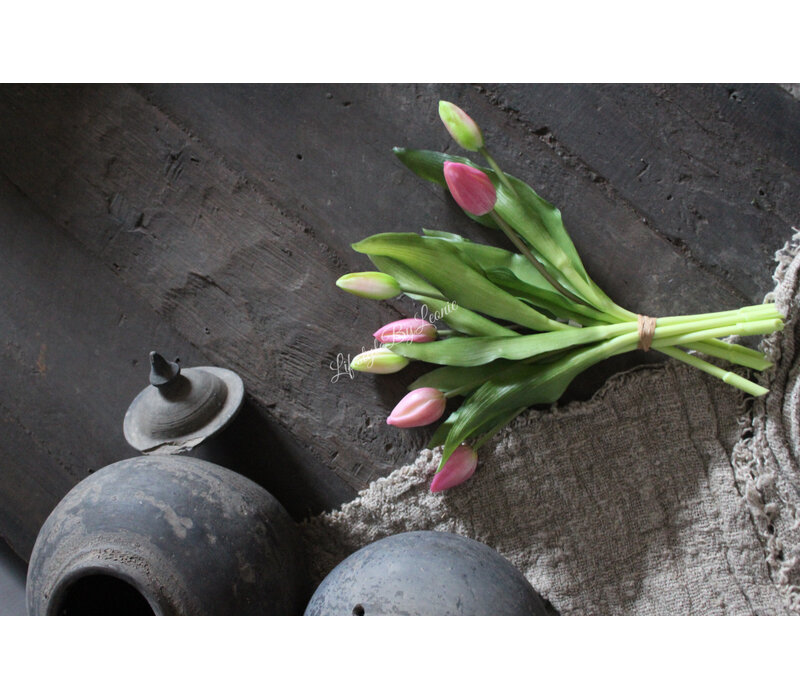 Bosje real touch Tulpen pink met groen blad 32 cm