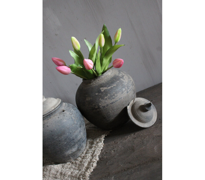 Bosje real touch Tulpen pink met groen blad 32 cm
