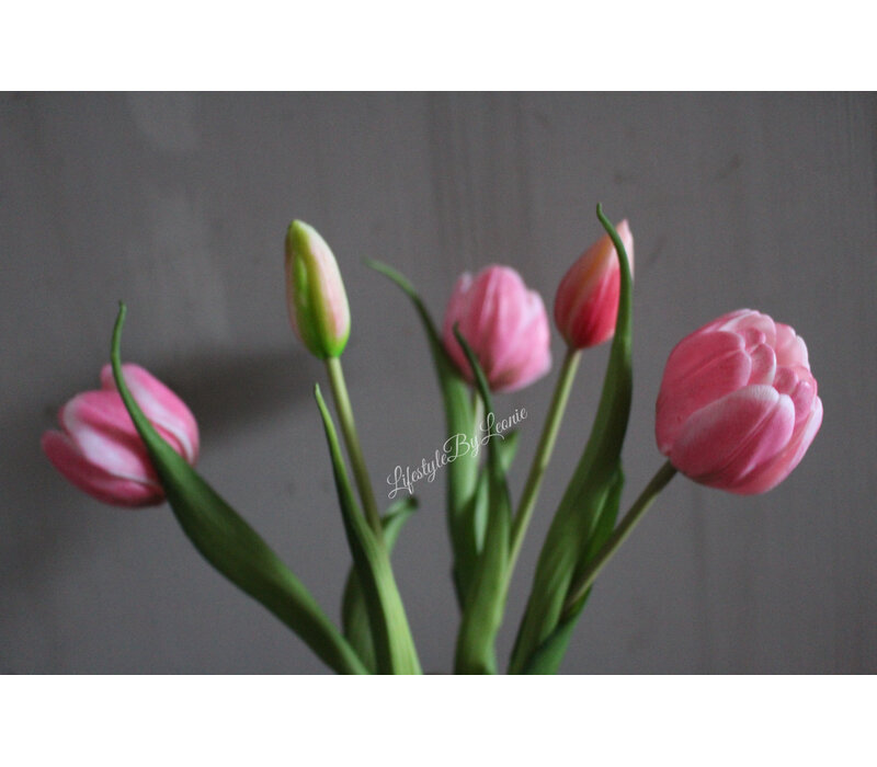 Bos real touch bol Tulpen 5x pink/white 43 cm