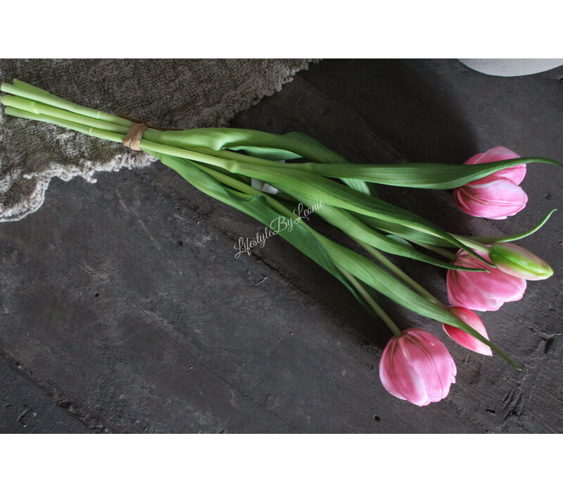 Bos real touch bol Tulpen 5x pink/white 43 cm