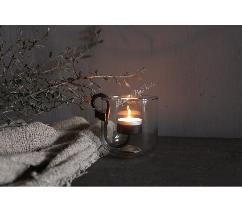 Rond windlicht helder glas + S haak 10x9cm