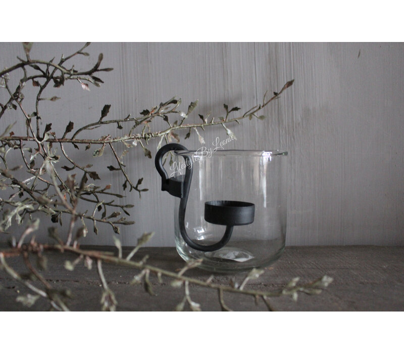 Rond windlicht helder glas + S haak 10x9cm