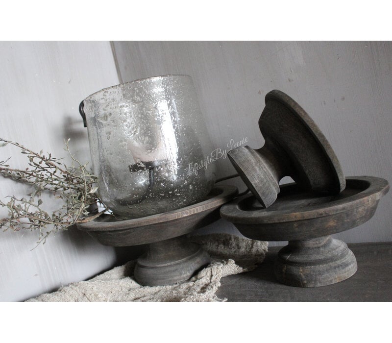 Luksa houten windlicht-voet Jade antique grey L
