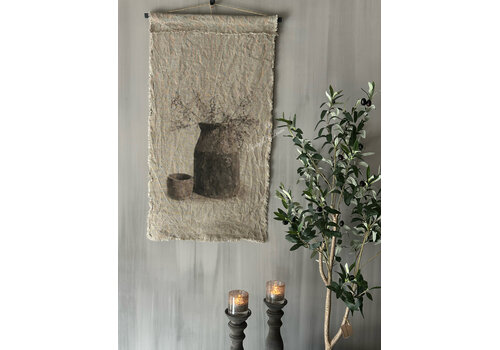 Shabby linnen wanddoek Houten pot met corokia 95x45cm