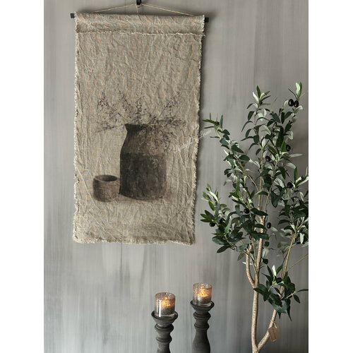 Shabby linnen wanddoek Houten pot met corokia 95 x 45 cm 
