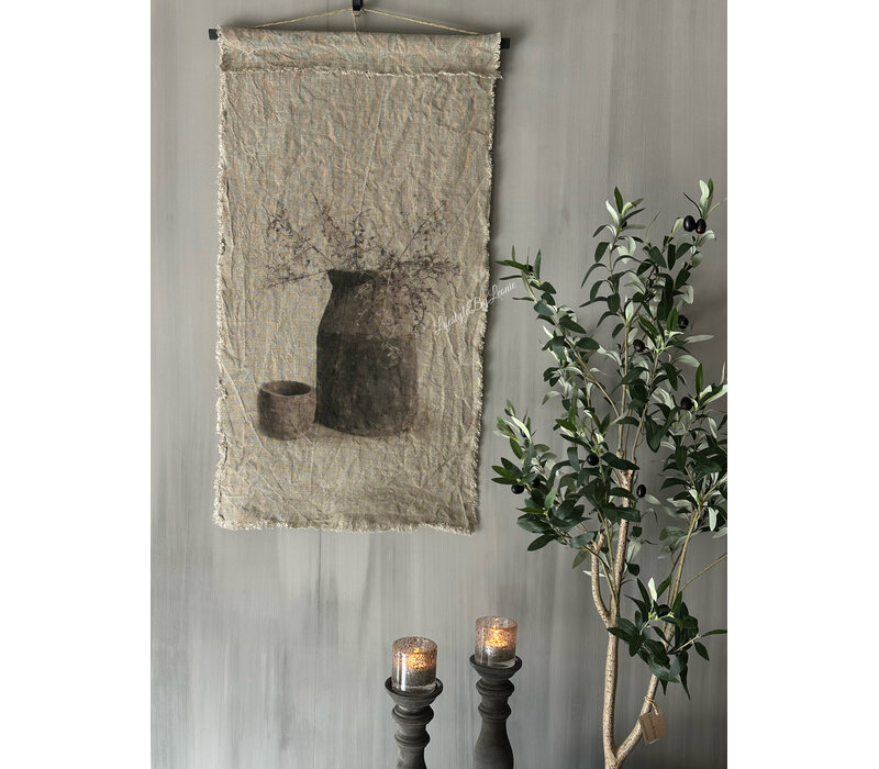 Shabby linnen wanddoek Houten pot met corokia 95x45cm
