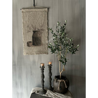 Shabby linnen wanddoek Houten pot met corokia 95x45cm