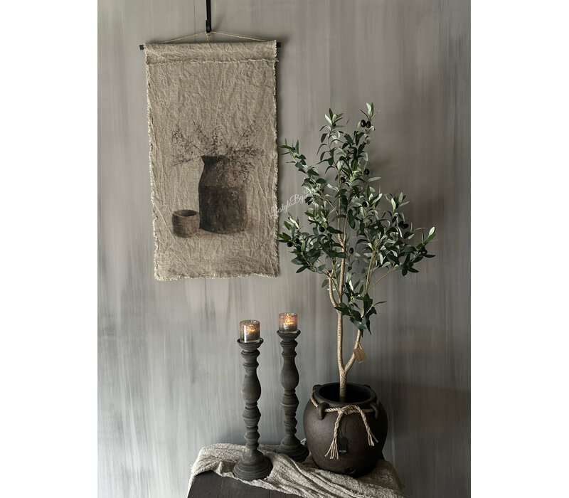 Shabby linnen wanddoek Houten pot met corokia 95x45cm