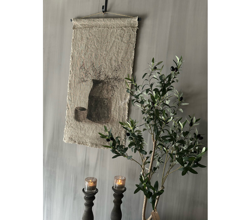 Shabby linnen wanddoek Houten pot met corokia 95x45cm