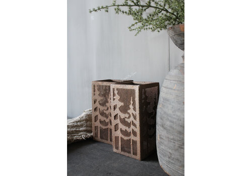 Vierkant roest windlicht met bomen 20 x 10 cm