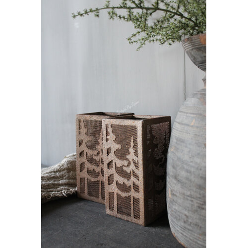 Vierkant roest windlicht met bomen 20 x 10 cm 