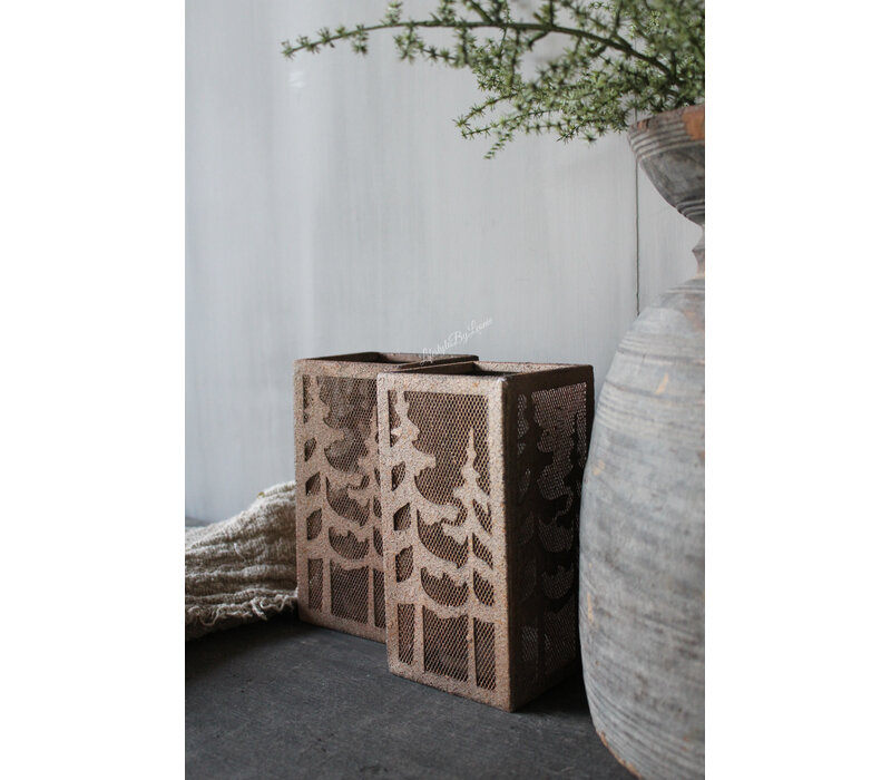 Vierkant roest windlicht met bomen 20 x 10 cm