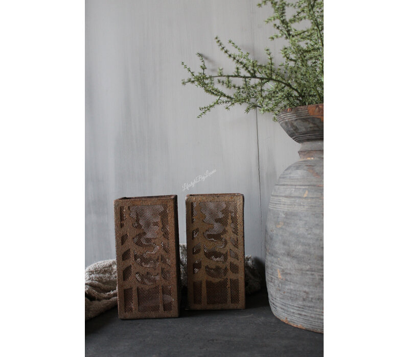 Vierkant roest windlicht met bomen 20 x 10 cm