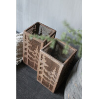 Vierkant roest windlicht met bomen 20 x 10 cm