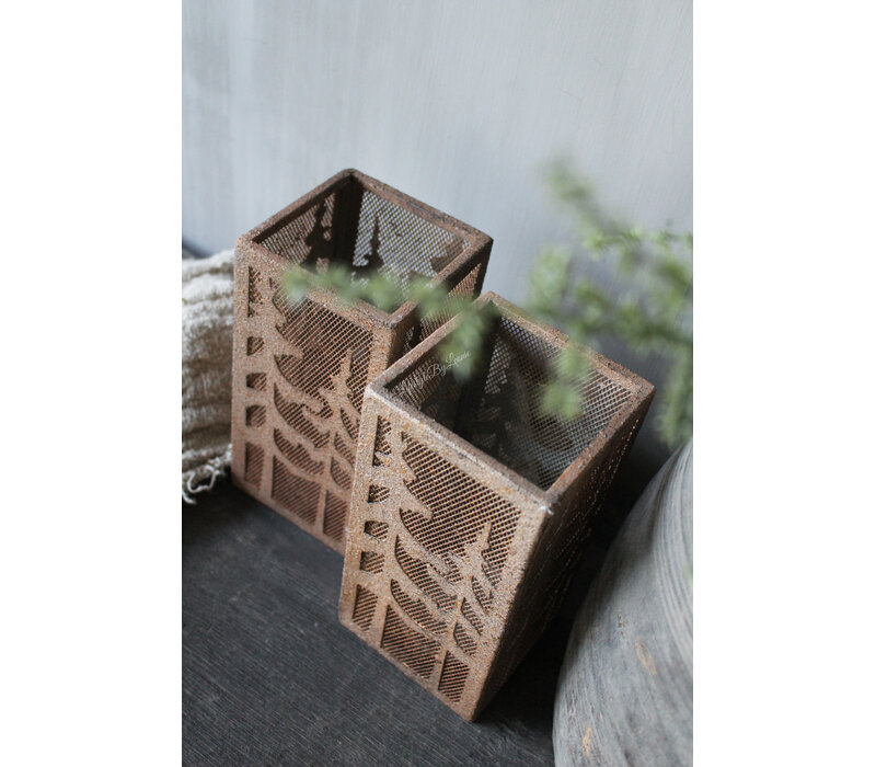 Vierkant roest windlicht met bomen 20 x 10 cm
