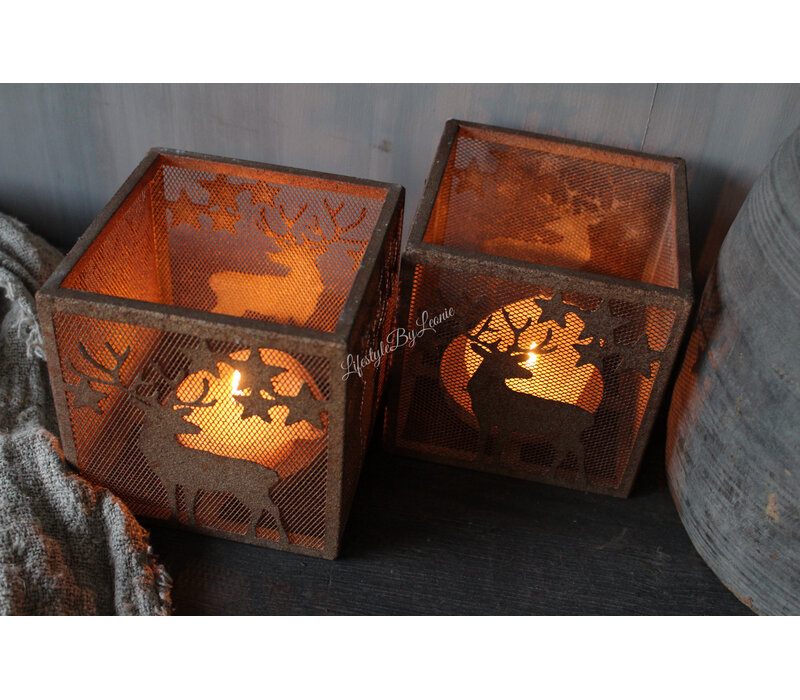 Vierkant roest windlicht met hertjes 15 x 15 cm
