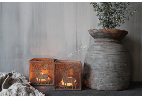 Vierkant roest windlicht met hertjes 15x15cm