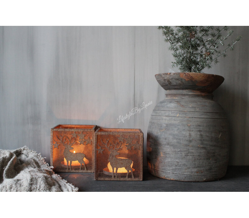 Vierkant roest windlicht met hertjes 15 x 15 cm