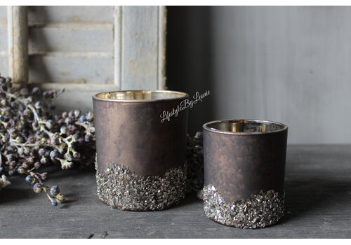 Glazen windlicht Chocolat brown glitter 8 cm
