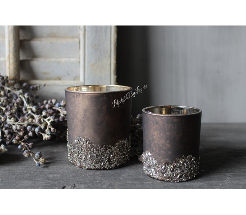 Glazen windlicht Chocolat brown glitter 8cm