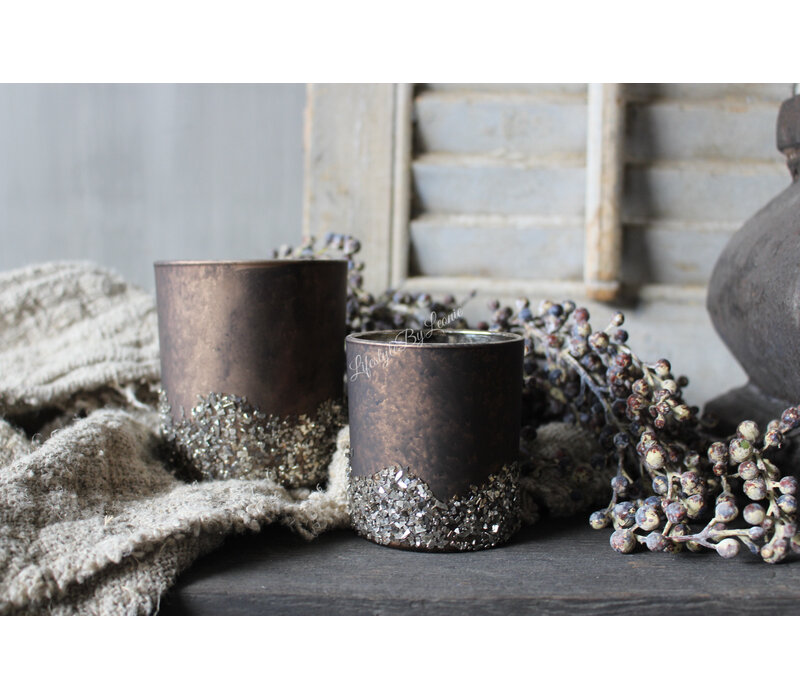 Glazen windlicht Chocolat brown glitter 8cm
