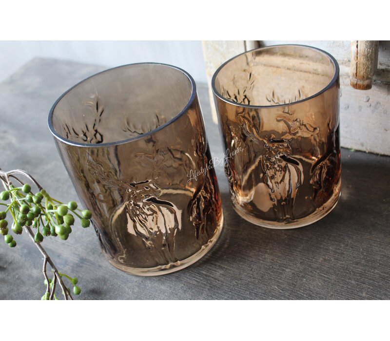 Glazen windlicht Coffee brown 3D hert 15cm