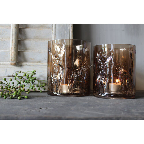 Glazen windlicht Coffee brown 3D hert 15cm 