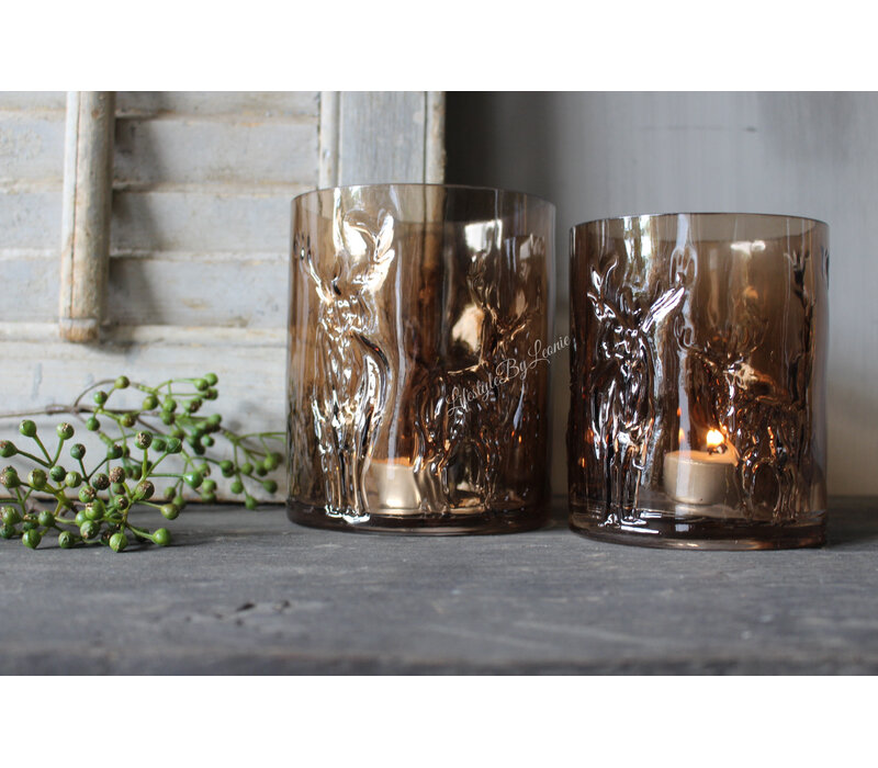 Glazen windlicht Coffee brown 3D hert 15cm