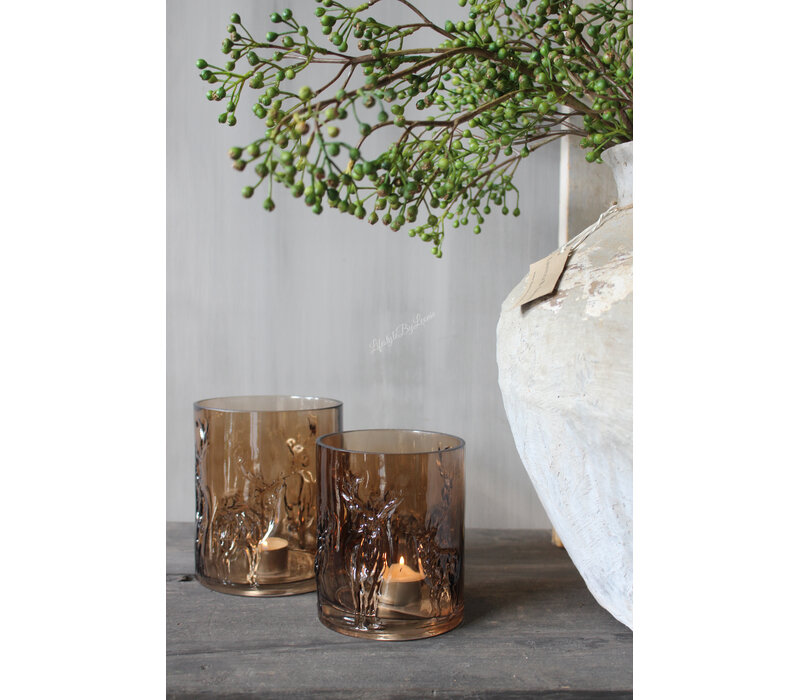 Glazen windlicht Coffee brown 3D hert 15cm