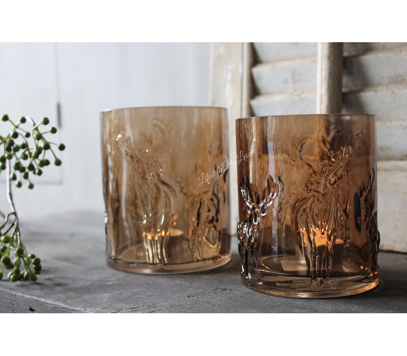 Glazen windlicht Coffee brown 3D hert 13cm