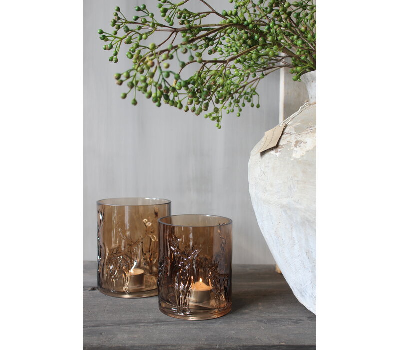 Glazen windlicht Coffee brown 3D hert 13cm