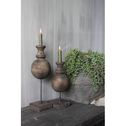 Houten bol kandelaar op voet Brown 41cm 