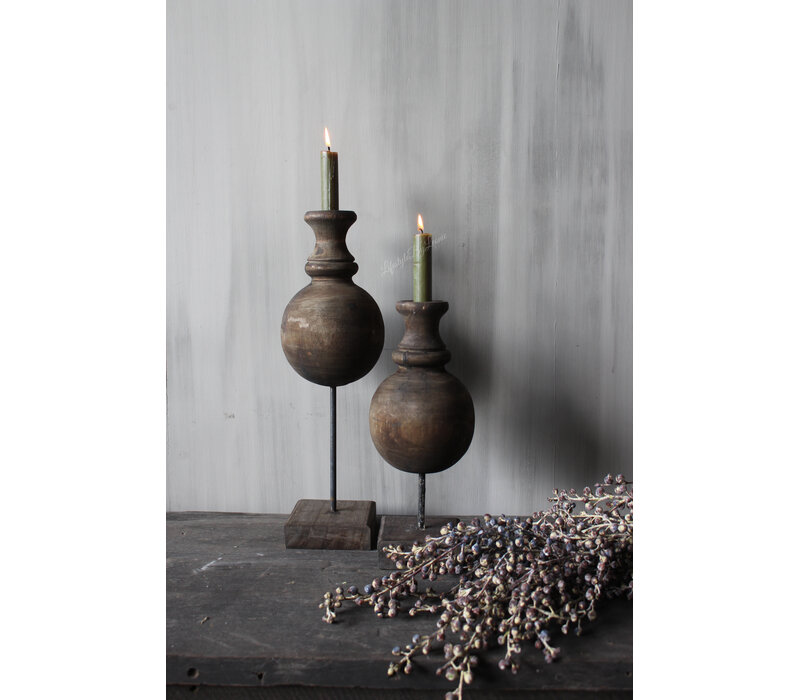 Houten bol kandelaar op voet Brown 41 cm