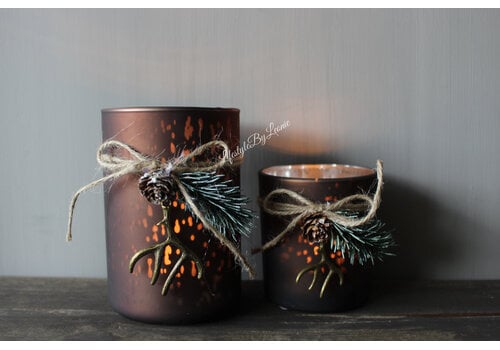 Glazen windlicht brown + kersttoefje 8 x 7 cm