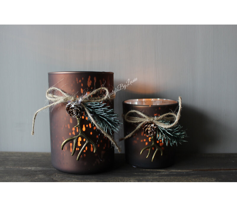 Glazen windlicht brown + kersttoefje 8x7cm