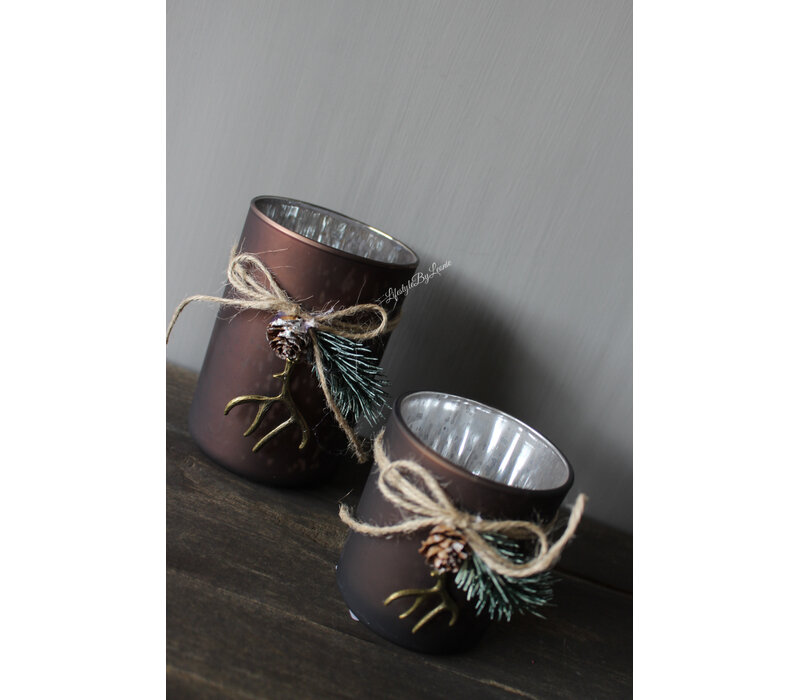Glazen windlicht brown + kersttoefje 12x8cm