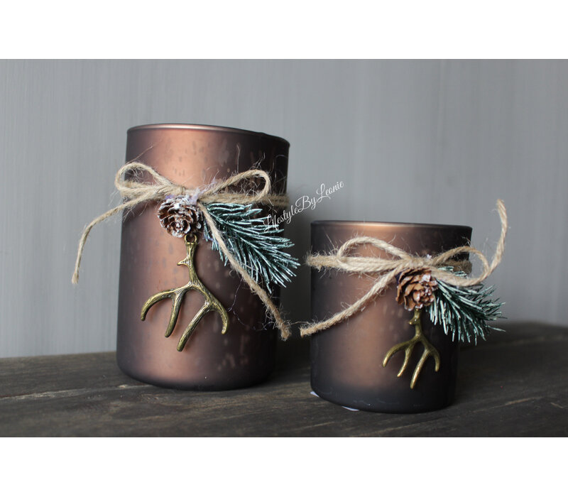 Glazen windlicht brown + kersttoefje 12x8cm