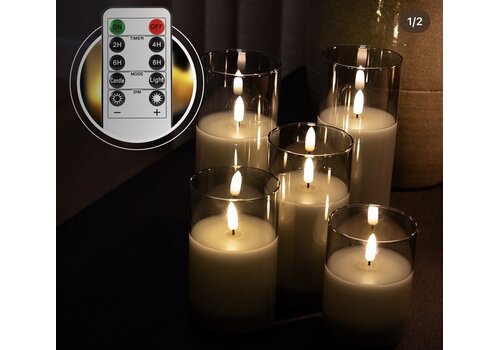 Oplaadbare led kaars in glas  set van 5 - Grey smoke