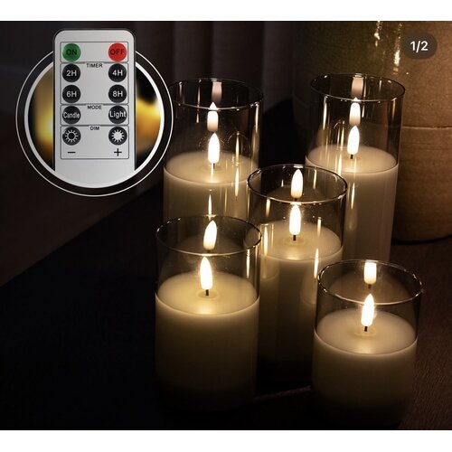 Oplaadbare led kaars in glas  set van 5 - Grey smoke 