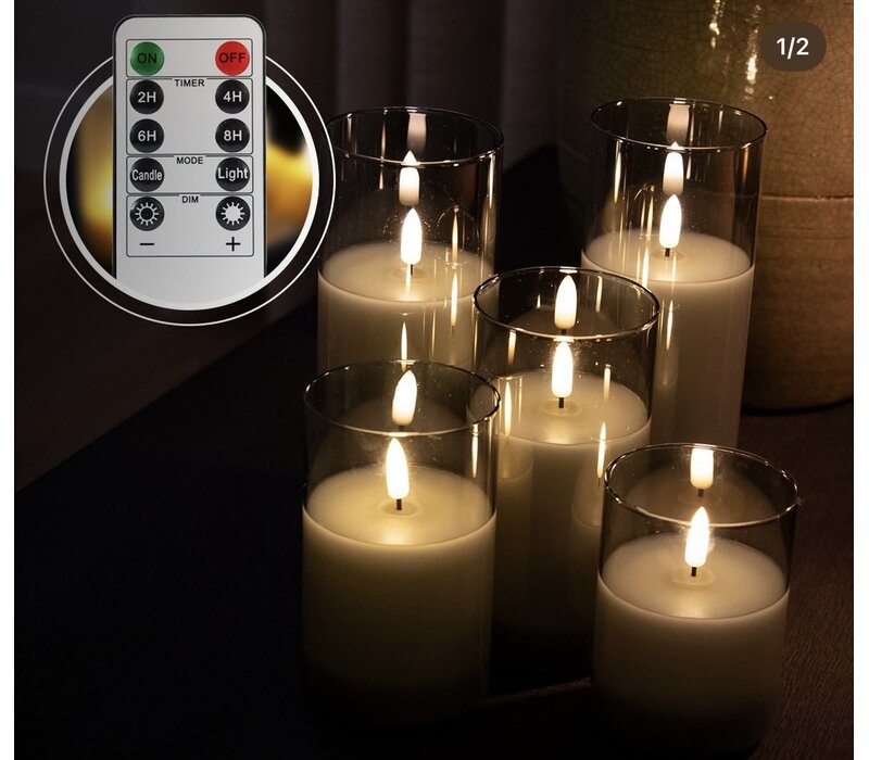 Oplaadbare LED kaars in glas set van 5 - Grey smoke