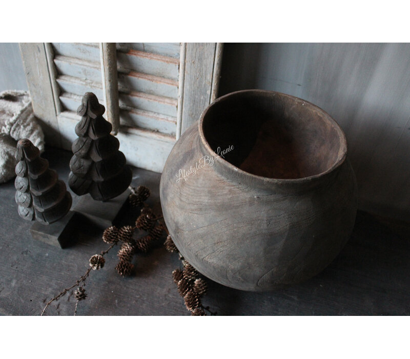 LUKSA ronde houten kruik pot Grey wash 30 x 25 cm