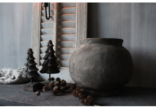 LUKSA ronde houten kruik pot Grey wash 30 x 25 cm