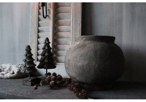 LUKSA ronde houten kruik pot Grey wash 30x25cm