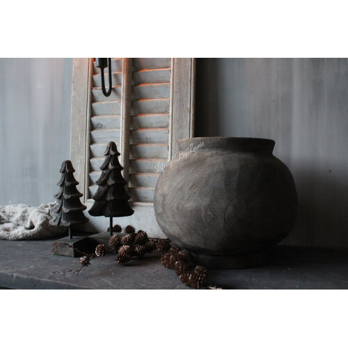 LUKSA ronde houten kruik pot Grey wash 30x25cm 