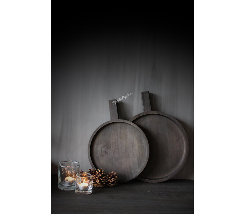 Ronde houten schaal met handvat Black wash M