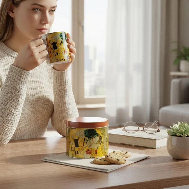 Gustav Klimt Klimt de Kus op mok verpakt in blikken doos