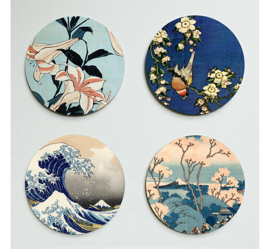 Hokusai onderzetters 4 stuks met houder