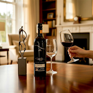 Corry Ammerlaan Verbronsd beeld (23 cm) - Toekomst door samenwerken + wijn en 2 glazen in houten geschenkkist